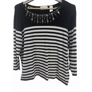 Alfred Dunner Women’s 1X Black Silver Striped Metallic Knit Top Beaded Neckline